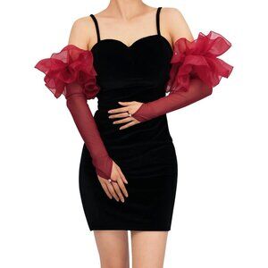 Women's Burgundy Tulle Evening Mesh Sheer Puff Gloves Stretchy Wedding Party